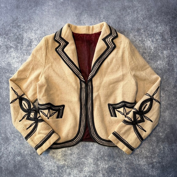 Jackets & Blazers - Vintage Soutache Embroidered Wool Jacket Beige Black Western Boho Cropped Blazer